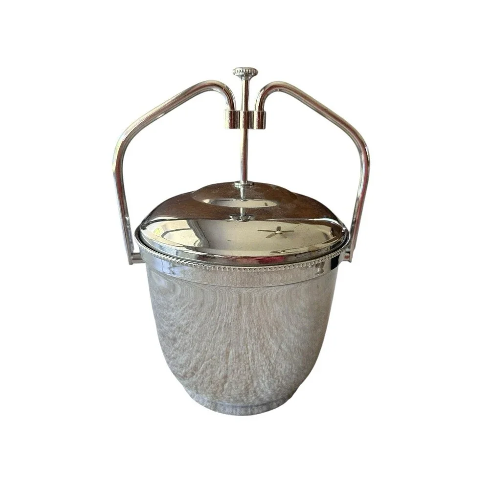 Vintage Silver Tone Ice Bucket MCM Champagne Cooler Lidded Swing Handle Bar